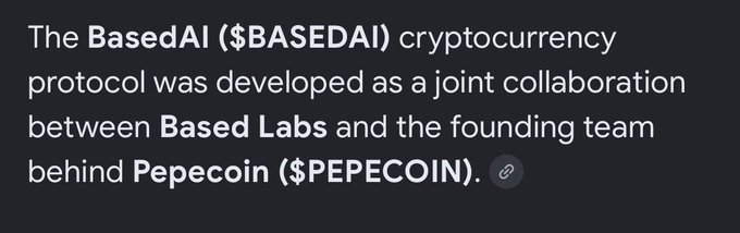 A dark-themed text image stating that the BasedAI ($BASEDAI) cryptocurrency protocol was developed as a joint collaboration between Based Labs and the founding team behind Pepecoin ($PEPECOIN). The image supports the post's narrative by confirming the partnership between Based Labs and the PepeCoin founding team, which the post criticizes as a "humiliation ritual" on the PepeCoin community due to the lack of official acknowledgment from PepeCoin regarding the collaboration.