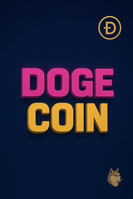 A graphic design featuring the words 'DOGE COIN' in large pink and yellow letters, with a gold 'D' coin logo and a Shiba Inu dog face icon on a dark blue background.