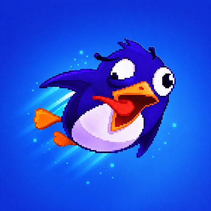 A cartoonish purple penguin with a wide open beak and big eyes is shown mid-flight against a vibrant blue background, relating to the crypto giveaway post needing participants to engage for a chance at 10 guaranteed spots.