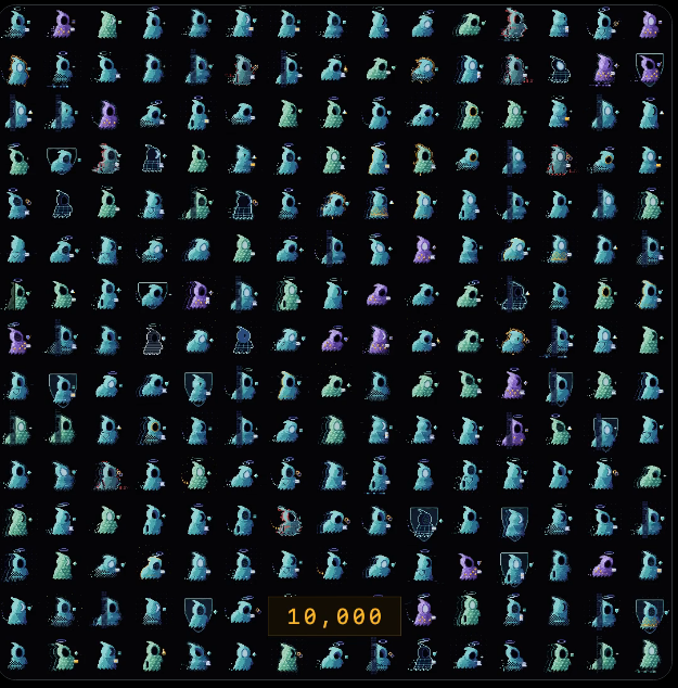 A grid of small ghost-like character sprites in various colors (teal, purple, blue) against a black background, with a counter at the bottom displaying "10,000".