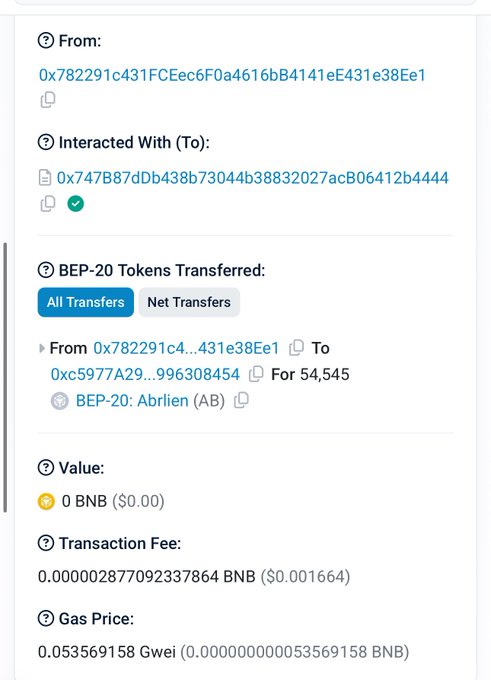 The image displays a BNB Smart Chain (BSC) transaction details page showing a wallet (0x782291c431FCEec6F0a4616bB4141eF431e38Ee1) sending 54,545 BEP-20 ABR tokens to address 0xc5977A29...996308454, with a transaction fee of approximately $0.001664 in BNB. The accompanying post about BSC being "the beginning of entering the circle" and chasing golden dogs with hundred-fold gains aligns with this on-chain activity, suggesting the user is sharing their crypto trading journey and token transfers as part of that hopeful pursuit.