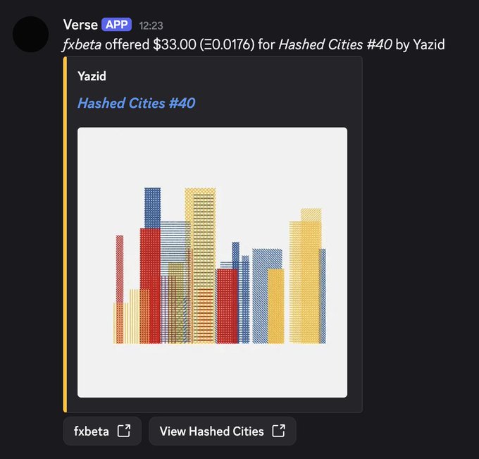 A Discord notification from Verse shows user fxbeta offering $33.00 (Ξ0.0176) for Yazid's "Hashed Cities #40," an artwork featuring a colorful pixelated cityscape. This relates to the accompanying post about receiving offers on fxhash tez works, specifically highlighting Yazid's "Step by Step" series available for $39.50.