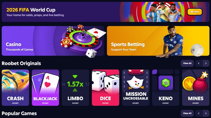 Sports betting/casino app homepage promoting the 2026 FIFA World Cup with sections for Casino, Sports Betting, Roobet Originals (Crash, Blackjack, Limbo, Dice, Mission Uncrossable, Keno, Mines), and Popular Games.