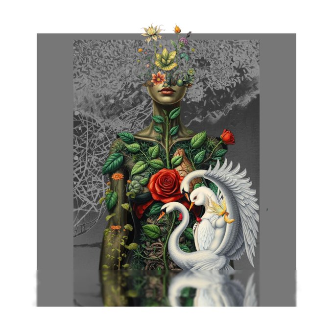 The image features a woman with her face covered by flowers, surrounded by various plants and animals such as swans and roses. The background of the image is black and white, which contrasts with the colorful elements present in the foreground. The caption reads "Good morning everyone Have you seen my new artwork? sex and life ?"