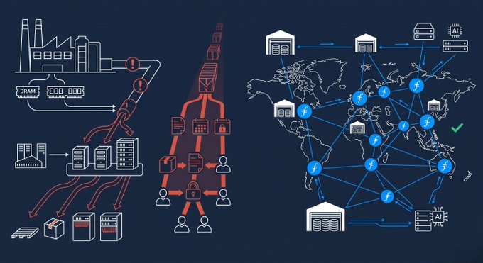 An illustration contrasting traditional semiconductor supply chains—depicted with a factory, DRAM chips, and red distribution arrows showing bottlenecks—with a global Filecoin network represented by blue interconnected nodes (marked with "f") and servers marked "AI," visually supporting the post's argument that while Samsung's memory fulfillment lags behind 2027 demand, Filecoin's distributed storage infrastructure is already operational worldwide.