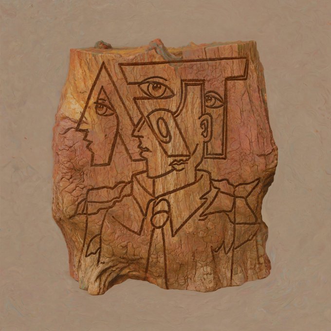 An artistic rendering of a cubist-style carved wooden relief sculpture featuring multiple overlapping faces and figures with a textured, aged appearance.