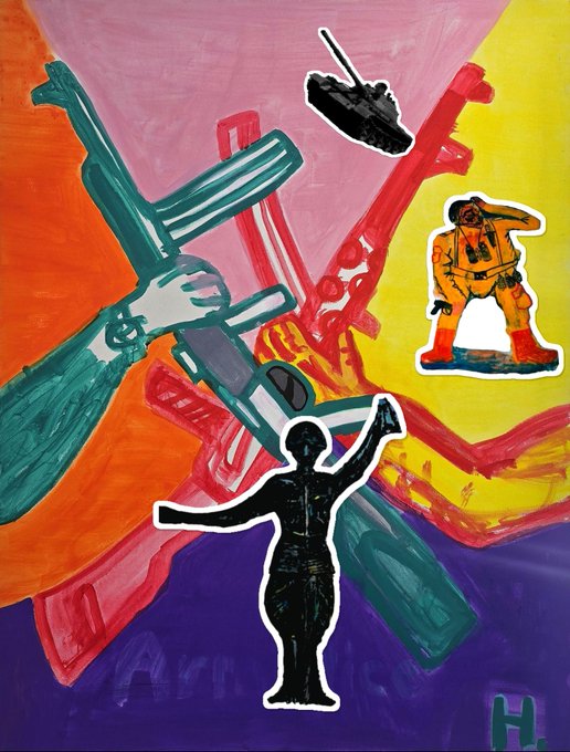 A colorful abstract painting with figures, weapons, and an explosion-like background, signed 'H.' in the corner.