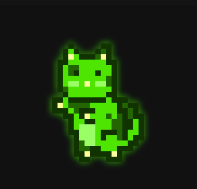 A pixel art illustration shows a green dinosaur-like creature with a glowing neon outline on a black background.