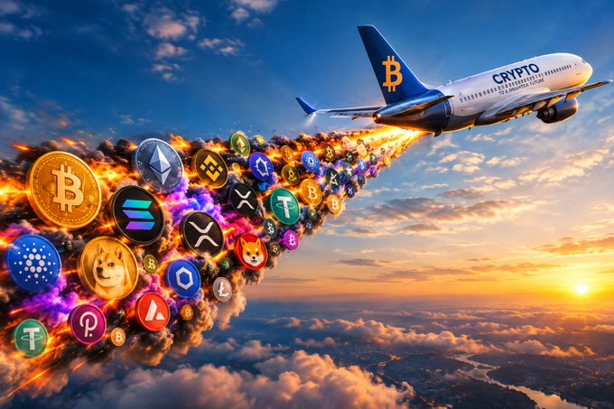 AI-generated artwork showing a 'CRYPTO' branded airplane with a Bitcoin symbol flying through a sunset sky, leaving a fiery trail of various cryptocurrency logos including Ethereum, Dogecoin, XRP, and others.