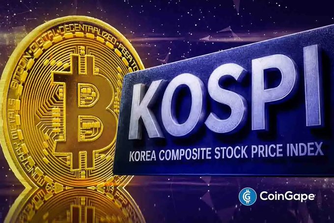 A golden Bitcoin coin stands beside a "KOSPI Korea Composite Stock Price Index" sign against a starry background, visually highlighting the comparison between South Korea's stock index and cryptocurrency volatility referenced in the article. The CoinGape logo appears in the bottom right corner.