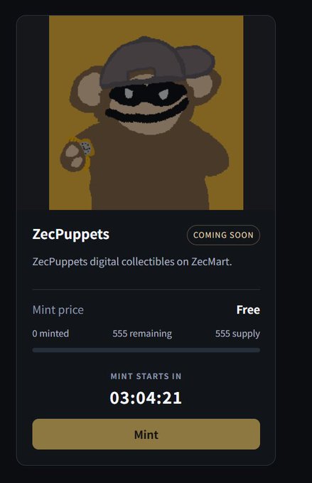 A digital collectible minting page for 'ZecPuppets' on ZecMart, showing a bear character NFT with a free mint price, 555 supply, and a countdown timer of 03:04:21.