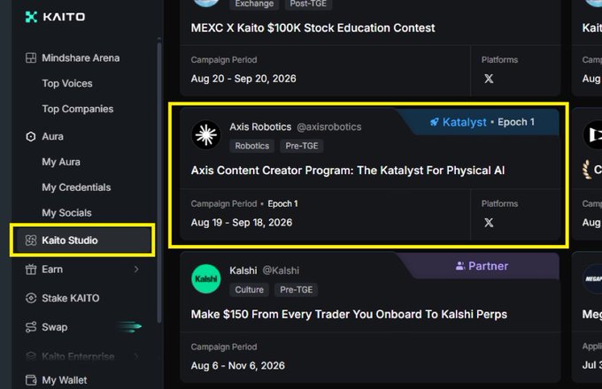 A screenshot of the KAITO platform highlighting the 'Axis Content Creator Program: The Katalyst For Physical AI' by @axisrobotics, with 'Kaito Studio' marked on the sidebar.