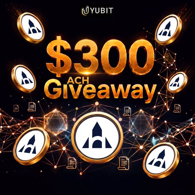 Yubit $300 ACH Giveaway promotional image featuring gold ACH token coins floating over a digital network background.
