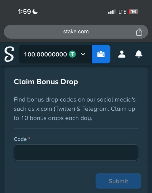 A screenshot of the Stake.com "Claim Bonus Drop" page showing a balance of 100.000000000 USDT and a code entry field for redeeming bonus drops shared on social media like X (Twitter) and Telegram, relating to the user's post about earning $100 from hunting Stake codes but being unable to withdraw the winnings.