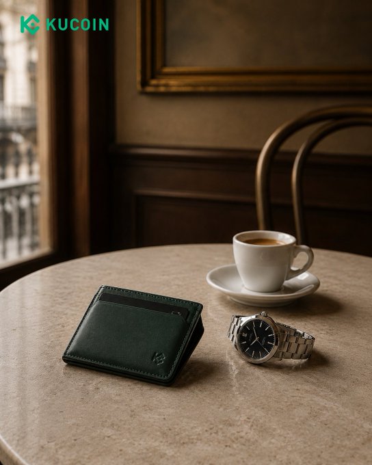 A dark green wallet and silver wristwatch rest on a marble café table beside a steaming espresso, with the "KUCOIN" logo displayed in the top-left corner—evoking refined taste and sophistication that mirrors the elegance implied by "Trading in style."
