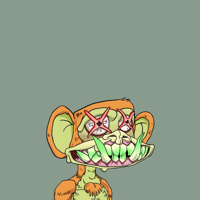 A grotesque cartoon monkey with bulging green eyes, sharp jagged teeth, and orange fur appears on a muted green background, fitting the "Mutant" theme of the NFT (Mutant #9626) that was just purchased for 0.0093 ETH ($17.46) by 0xdec.