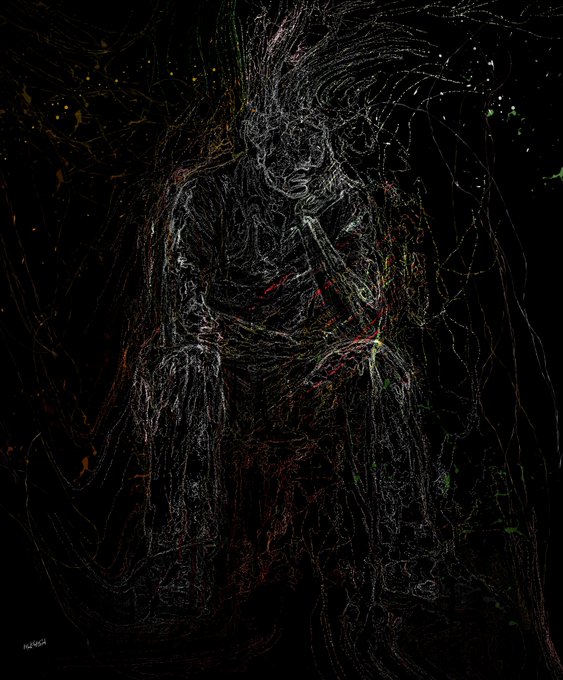 A dark, abstract artwork featuring a figure composed of swirling white, red, and green lines against a black background, signed 'Husso' in the bottom left corner.