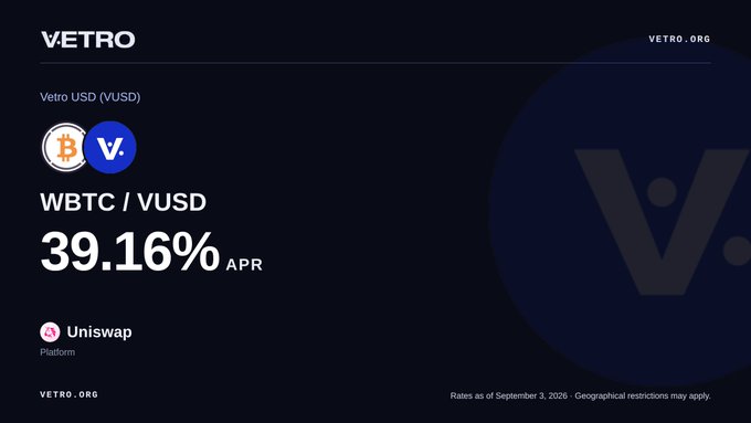 A promotional screenshot for VETRO showing WBTC/VUSD at 39.16% APR on Uniswap, dated September 3, 2026.