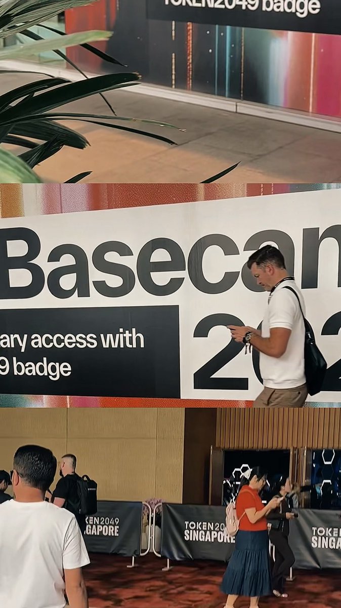 Collage of photos from a conference event, showing "TOKEN2049 Singapore" banners, a large "Basecon" sign mentioning "secondary access with... 9 badge", and attendees in the venue.