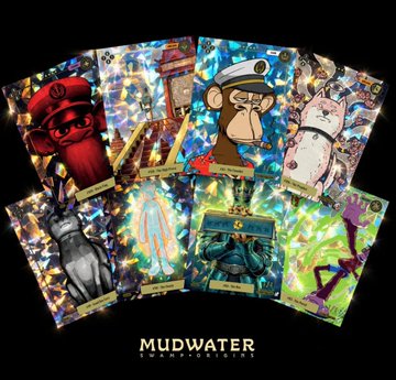 A fan of holographic "Mudwater" trading cards featuring various NFT-style characters—including a red ape, a sailor monkey, a llama, a gray ape, a spaceship, and a vibrant alien figure—is displayed above the "MUDWATER TRADING CARDS" logo, tying directly to Yuga Labs' BAYC-themed physical-digital card launch aimed at revitalizing demand during the NFT downturn.