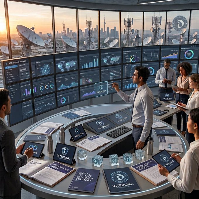A futuristic control room with multiple monitors displaying data analytics, charts, and maps, where professionals analyze dashboards labeled "INTERLINK" and "Ad Campaign Manager" while satellite dishes and a city skyline are visible through the windows.