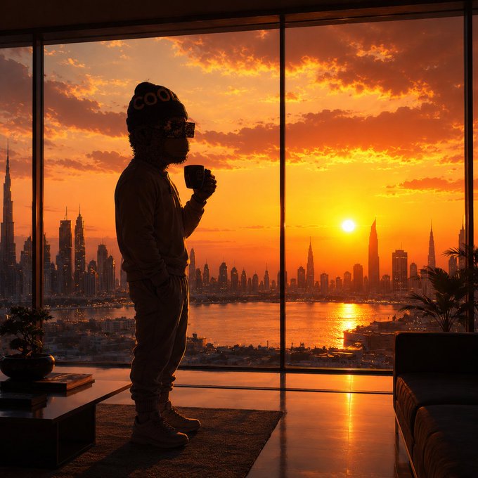 A silhouetted figure wearing a 'COOL' beanie stands by a large window holding a cup, watching a vibrant orange sunset over a modern city skyline and waterfront.