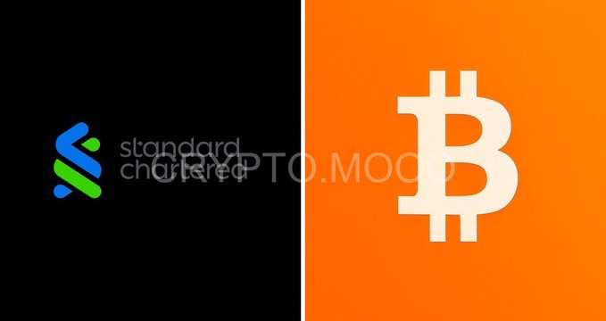 The image displays the Standard Chartered logo on a black background next to the Bitcoin (₿) logo on an orange background, with a 'CRYPTO.MOOD' watermark visible across the center.