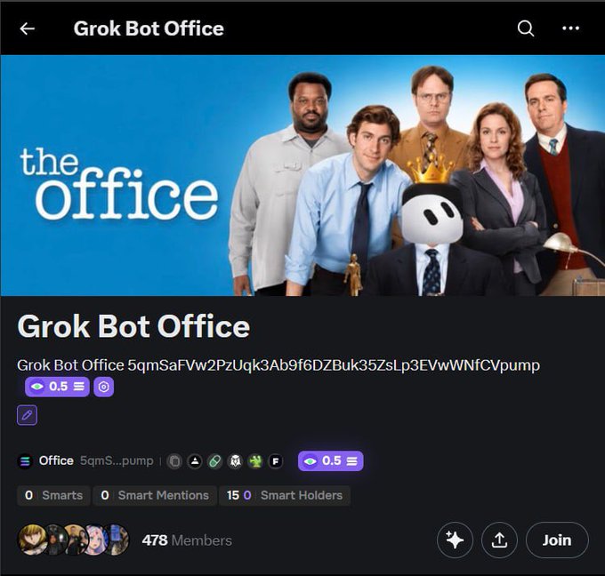 A screenshot of the "Grok Bot Office" Pump.fun token page shows a promotional image featuring the cast of "The Office" alongside a character wearing a crown with a vault logo, with the token displaying a 0.5 SOL entry fee, 15 smart holders, and 478 members. This visually represents the $Office community token referenced in the post, where the creator is thanking supporters and teasing an upcoming reveal.