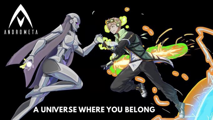 Andrometa promotional banner featuring two characters—one cyborg-like figure and another wielding green energy—with the tagline 'A UNIVERSE WHERE YOU BELONG'.