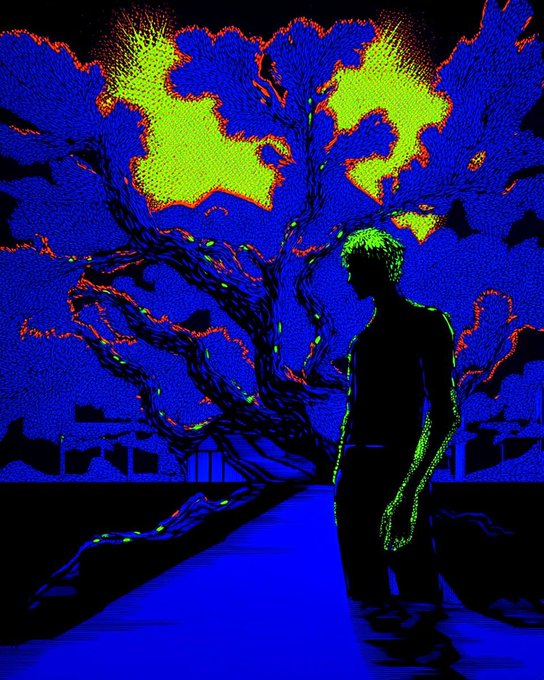 A highly stylized, high-contrast illustration with bright neon blue, green, and orange colors depicts a silhouette of a person standing in front of a large, glowing, fractured tree.