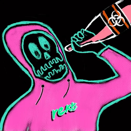 A neon-colored illustration of a skeletal figure in a pink hoodie drinking from a megaphone-style bottle marked with a biohazard symbol, with the word 'rekt' written across the chest.