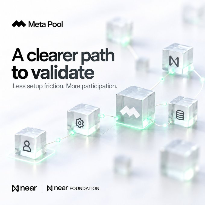 A promotional image for Meta Pool titled 'A clearer path to validate' with the tagline 'Less setup friction. More participation.', featuring connected 3D cubes and logos for near and near FOUNDATION.