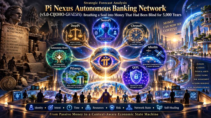 A strategic forecast visualization of the "Pi Nexus Autonomous Banking Network (v5.0-CIJOHO-GENESIS)" featuring interconnected modules including DeusPi, NeuroPi, ChronoPi, Afterlife, QEPI, PiEnergy, and Autonomous Healer, illustrating the evolution from 5,000 years of blind money to a context-aware economic state machine with humans and AI agents. The image serves as a conceptual diagram for the article's analysis of transforming passive currency into a self-healing, intelligent financial ecosystem.