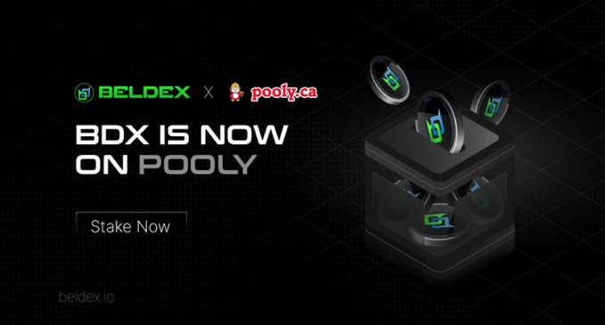 A promotional banner reading 'BDX IS NOW ON POOLY' featuring 'BELDEX x pooly.ca' logos and a 'Stake Now' button, with beldex.io at the bottom left.