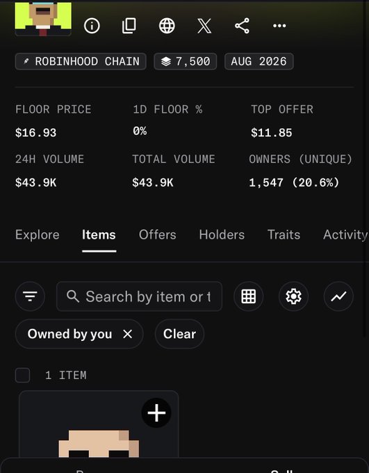 Screenshot of a Robinhood Chain NFT collection stats page showing a floor price of $16.93 and a top offer of $11.85, though the 24-hour trading volume is a modest $43.9K with no price movement. The low top offer and minimal activity suggest the poster's hopes of selling at a higher price and "restocking garri" (food) may take some time.