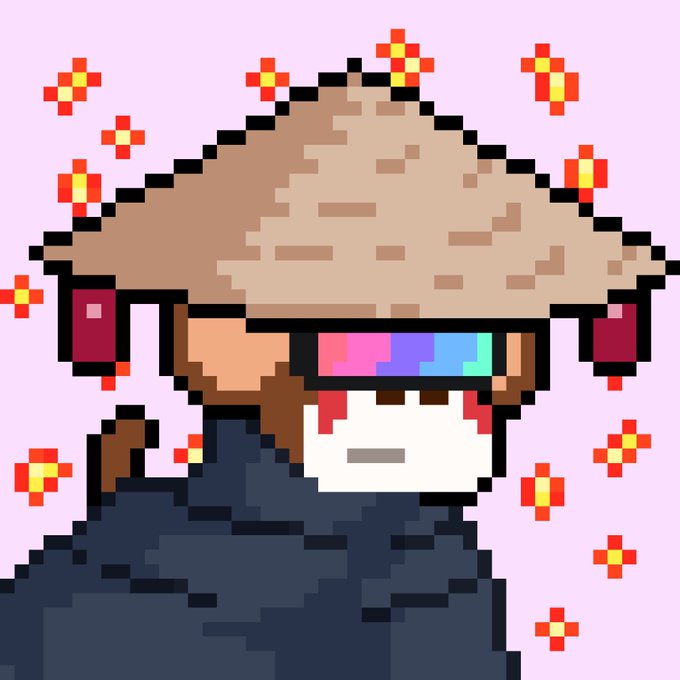 Pixel art of a character wearing a wide conical hat and futuristic visor with red tassels.