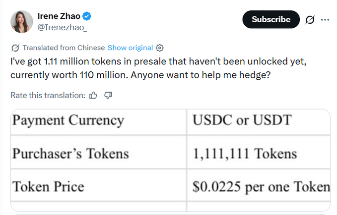 A tweet by Irene Zhao (@Irenezhao_) asking for help hedging 1.11 million presale tokens worth $110 million, with details showing 1,111,111 tokens at $0.0225 each payable in USDC or USDT.