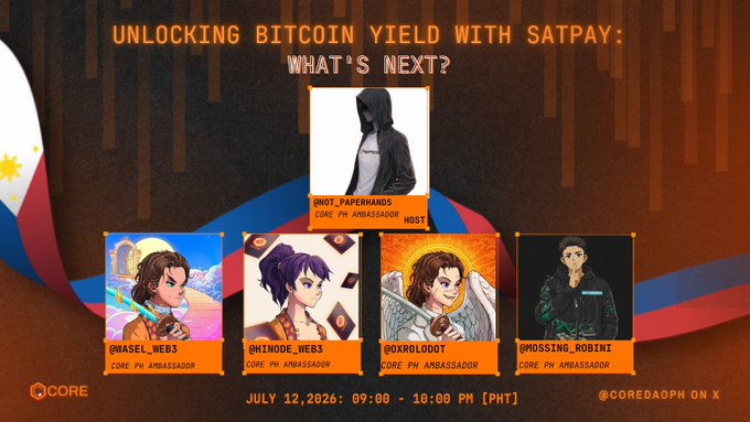 A promotional graphic for a Twitter Space event titled 'UNLOCKING BITCOIN YIELD WITH SATPAY: WHAT'S NEXT?' features a Philippine flag background and five speaker avatars, with the date 'JULY 12, 2026' and the handle '@NOT_PAPERHANDS' visible.