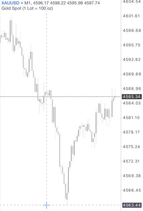 A candlestick chart of XAUUSD (Gold Spot) on the M1 timeframe showing prices fluctuating around the 4585.34 level, with a recent low marked at 4563.44.