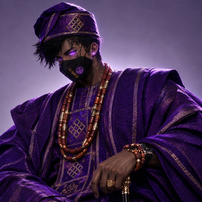 A digital artwork depicts a man wearing ornate purple robes with gold patterns, a matching hat, glowing purple eyes, and a face mask bearing a pentagram symbol, adorned with red beaded necklaces.