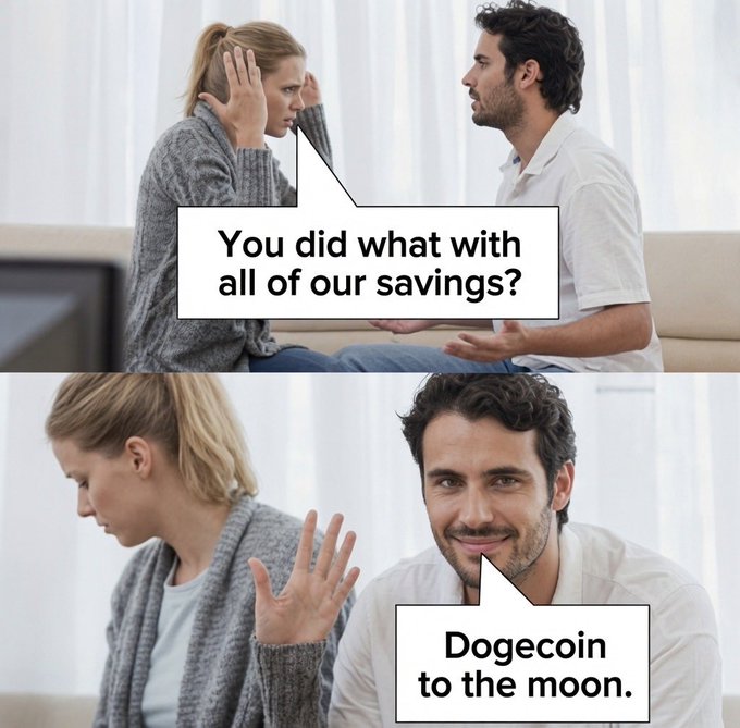 The image shows a man sitting on a couch with his arms crossed, while a woman sits next to him. They are both looking at each other, possibly having an argument or disagreement. The text "I DOGE" appears multiple times in the image, which could be interpreted as a reference to the popular meme about the man's dog.