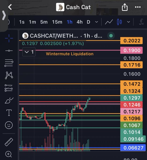 A financial chart showing the CASHCAT/WETH trading pair over 1 hour, currently at 0.1297 (+1.97%), with a 'Wintermute Liquidation' zone marked near 0.1800.