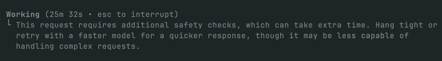 The image shows a CLI output indicating a request has been processing for 25 minutes and 32 seconds, with a message explaining the request requires additional safety checks which take extra time. This relates to the post as the user is expressing frustration about the lengthy processing time, noting they used "codex 5.6 sol xhigh" and questioning how much longer the task will take.