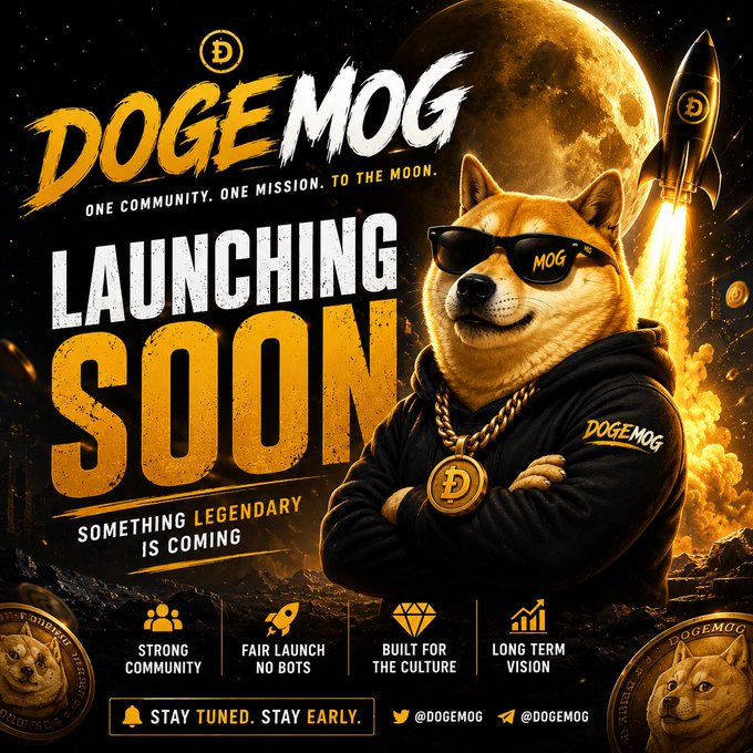A promotional graphic for the DOGEMOG meme coin features a confident Shiba Inu wearing sunglasses, a gold "D" chain, and a hoodie emblazoned with "DOGEMOG," set against a rocket launching toward the moon. Bold text reads "DOGEMOG — ONE COMMUNITY. ONE MISSION. TO THE MOON." and "LAUNCHING SOON — SOMETHING LEGENDARY IS COMING," with feature highlights including Strong Community, Fair Launch, Built for the Culture, and Long Term Vision, aligning with the post's announcement of DOGEMOG's upcoming launch.
