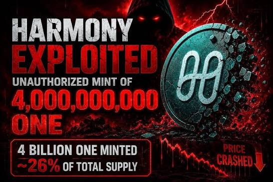 The image is a dramatic, red-and-black graphic announcing "HARMONY EXPLOITED" with text highlighting the "UNAUTHORIZED MINT OF 4,000,000,000 ONE," noting that "4 BILLION ONE MINTED ~26% OF TOTAL SUPPLY" and "PRICE CRASHED," accompanied by a visual of the Harmony logo shattering alongside a downward-trending price chart. This visually reinforces the post's description of the Harmony protocol exploit, where an attacker minted nearly 4 billion $ONE tokens (~26% of supply), causing a sharp ~40% price crash and prompting the team to pause the bridge.