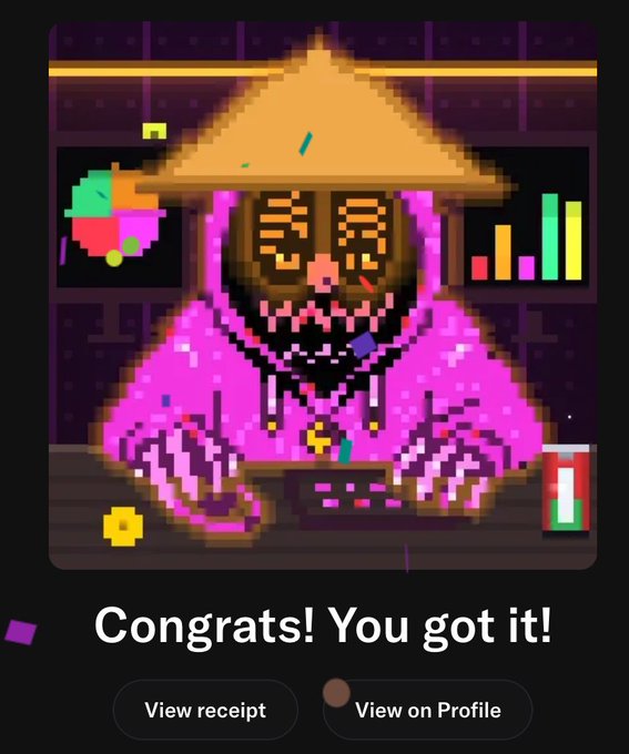 A pixel art NFT character with a straw hat, glowing pink outline, and skull-like face types on a keyboard, displayed with the message "Congrats! You got it!" along with "View receipt" and "View on Profile" buttons. The image celebrates the user's recent purchase of a Tradooor NFT from the $REKT collection, marking their official entry into the community.