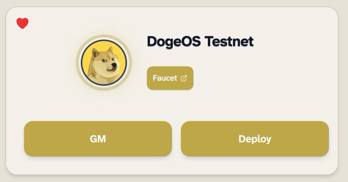 A digital interface displays 'DogeOS Testnet' with a Shiba Inu dog logo, a 'Faucet' button, and 'GM' and 'Deploy' buttons on a cream background.