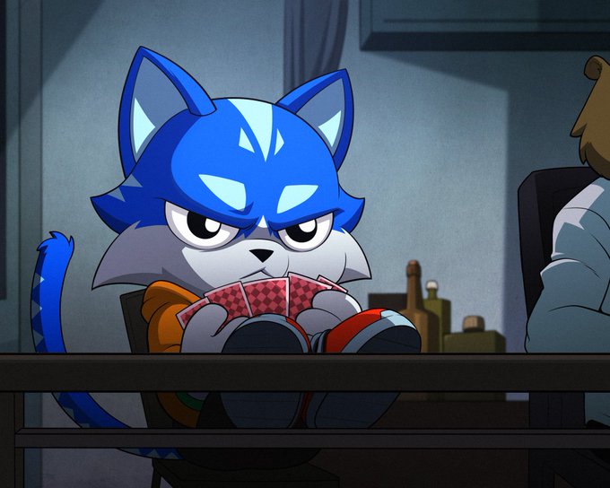 An animated blue cat character with an intense expression holds playing cards while sitting at a dimly lit table, visually evoking the "CASHCAT" meme referenced in the accompanying post, which promotes Toshi ($TOSHI) on Base over Robinhood's new cat-themed token launch.