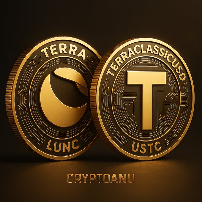 Two gold coins are displayed against a dark background - one labeled 'TERRA LUNC' with a crescent symbol and another labeled 'TERRACLASSICUSD USTC' with a 'T' symbol, watermarked 'CRYPTOANU' at the bottom.