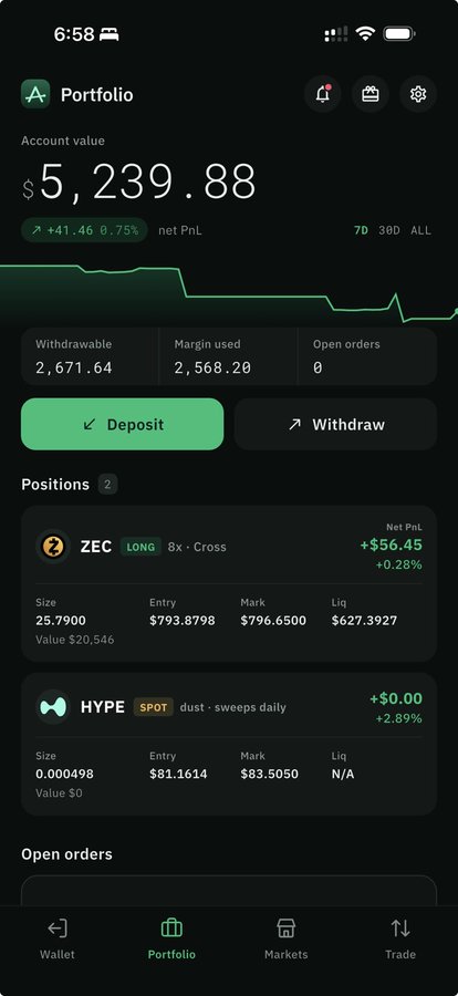 A screenshot of a trading app's portfolio dashboard showing an account value of $5,239.88 with positions in ZEC (Long, +$56.45 PnL) and HYPE (Spot, +$2.89%), likely showcasing the polished interface of the Arbiter app's latest update.